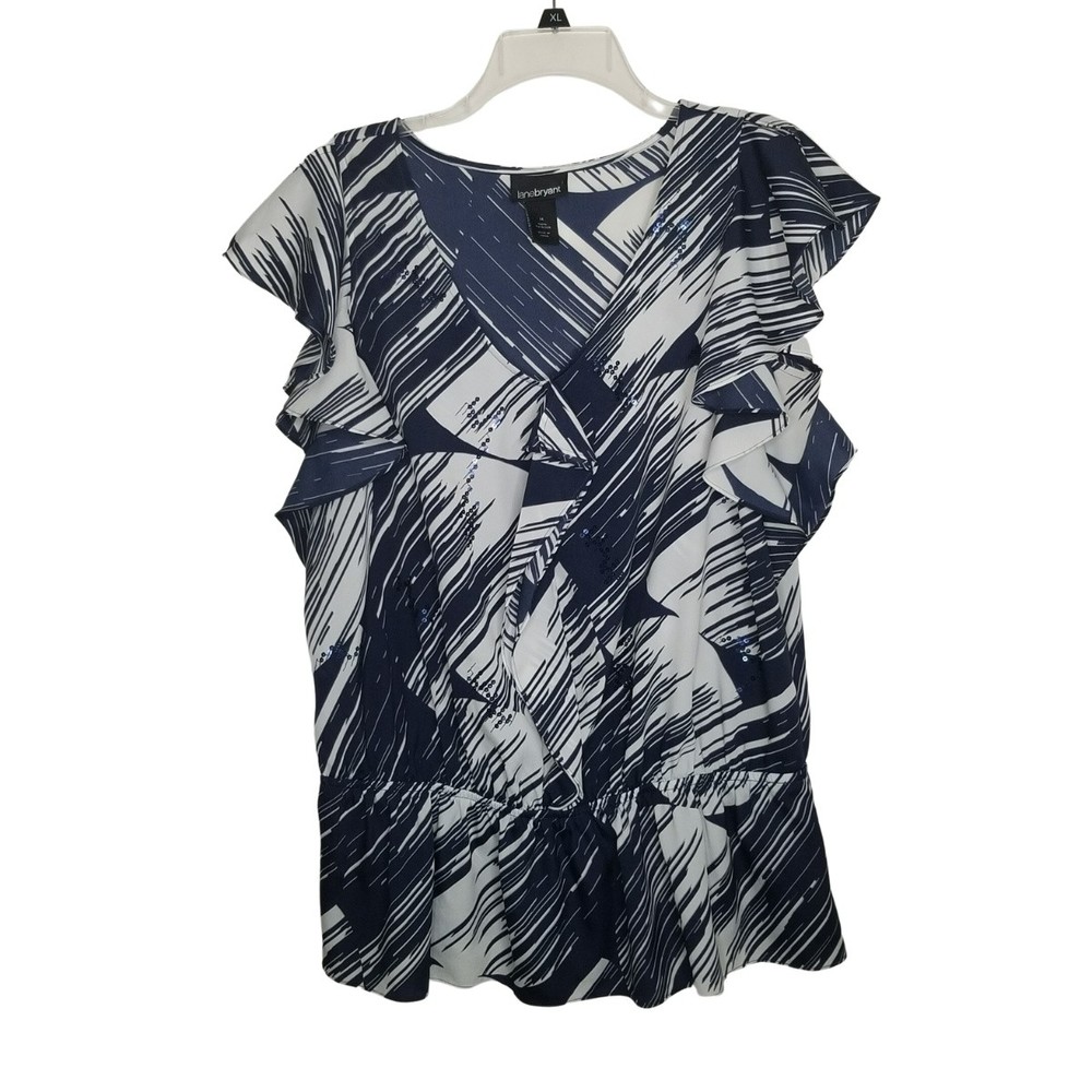 Lane Bryant Top Womens 14 Navy White Peplum Ruffles Front & Side Flutter Sleeve